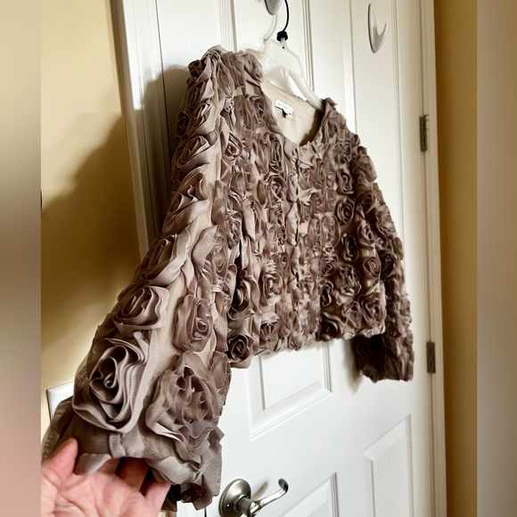 Beige/Taupe Rosettes, Lined, 3/4 Sleeves Cropped Jacket. By Issac Mizrahi. - Picture 4 of 11